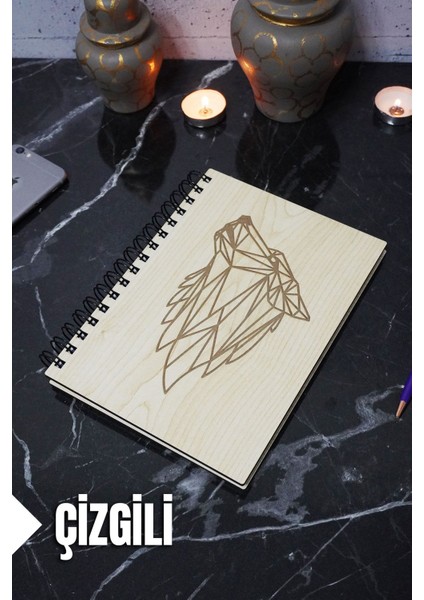 Kurt Temalı Ahşap Kapaklı Defter - Çizgili Defter - Ajanda - Okul Defteri (A5 - 120 Sayfa)