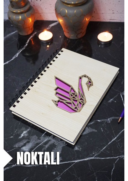 Kuğu Temalı Ahşap Kapaklı Defter - Noktalı Defter - Ajanda - Okul Defteri (A5 - 120 Sayfa)