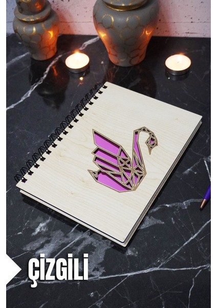 Kuğu Temalı Ahşap Kapaklı Defter - Çizgili Defter - Ajanda - Okul Defteri (A5 - 120 Sayfa)