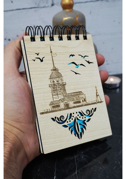 Kız Kulesi Temalı Ahşap Kapaklı Not Defteri - Mini Defter - Cep Defteri - Benim Listem