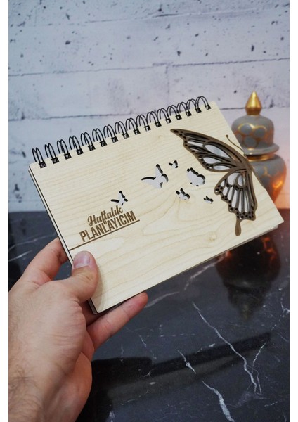 Kelebek Figürlü Ahşap Süresiz Plan Defteri - Tarihsiz Ajanda - Haftalık Planlayıcı - A5