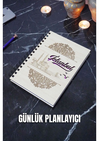 Istanbul Tasarım Ahşap Kapak Günlük Planlayıcı - Tarihsiz Planlama Defteri - Süresiz Ajanda - A5