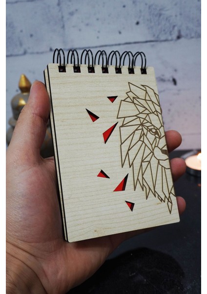 Aslan Figürlü Ahşap Kapaklı Not Defteri - Mini Defter - Cep Defteri - Benim Listem