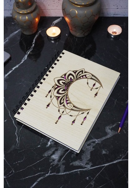 Ay Mandala Desenli Ahşap Kapaklı Defter - Çizgisiz Defter - Günlük - Ajanda- A5 Anı Defteri