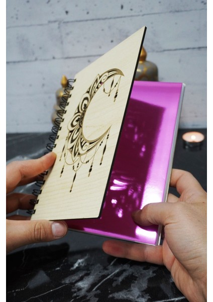 Ay Mandala Desenli Ahşap Kapaklı Defter - Çizgisiz Defter - Günlük - Ajanda- A5 Anı Defteri fiyatları