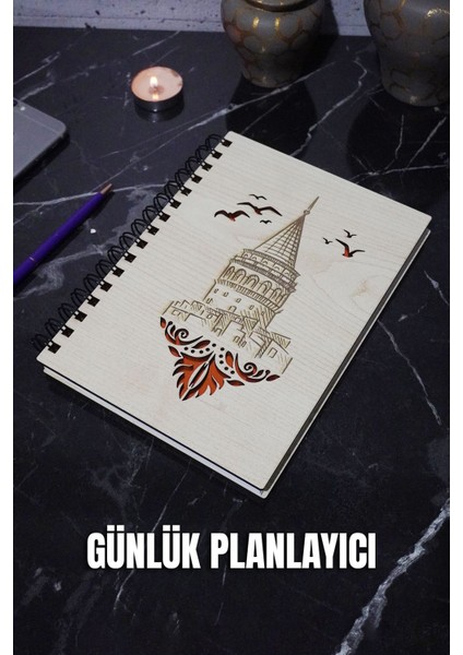 Galata Kulesi Tasarım Ahşap Kapak Günlük Planlayıcı - Süresiz Ajanda - A5 Tarihsiz Planlama Defteri