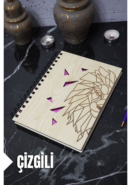 Aslan Temalı Ahşap Kapaklı Defter - Çizgili Defter - Ajanda - Okul Defteri (A5 - 120 Sayfa)