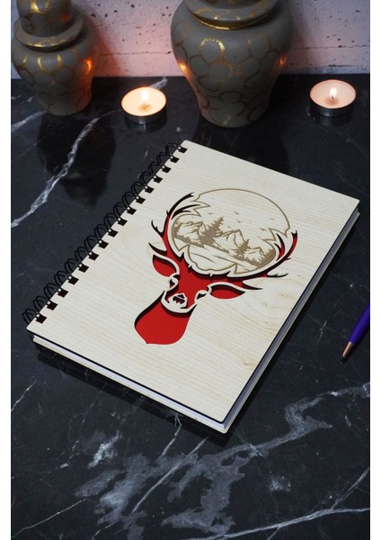 Geyik Figürlü Ahşap Kapaklı Defter - Çizgisiz Defter -Günlük - A5 Anı Defteri