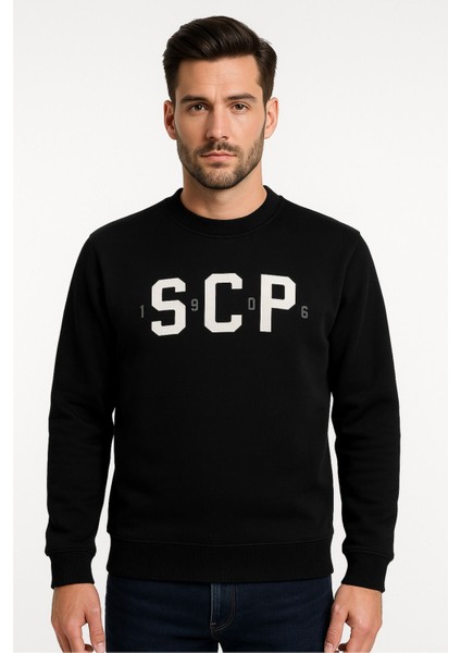 Erkek Siyah 3 Iplik Şardonlu Pamuklu Sweatshirt