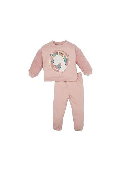 Kız Bebek 2'li Takım Baskılı Bisiklet Yaka Sweatshirt Eşofman Altı
