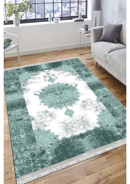 Klasik Desenli Yeşil Makinede Yıkanabilir Kilim Kaymaz Dot Tabanlı Oturma Odası Halısı 3029A fiyatları
