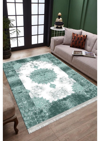 Klasik Desenli Yeşil Makinede Yıkanabilir Kilim Kaymaz Dot Tabanlı Oturma Odası Halısı 3029A modelleri