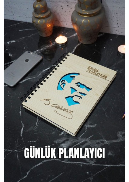 Mustafa Kemal Atatürk Ahşap Plan Defteri - Tarihsiz Ajanda - Günlük Planlayıcı A5