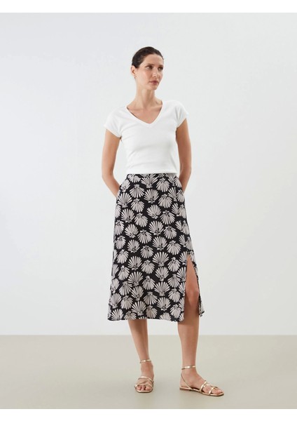 Lcwaıkıkı Classic Siyah Beli Lastikli Desenli Yırtmaçlı Etek