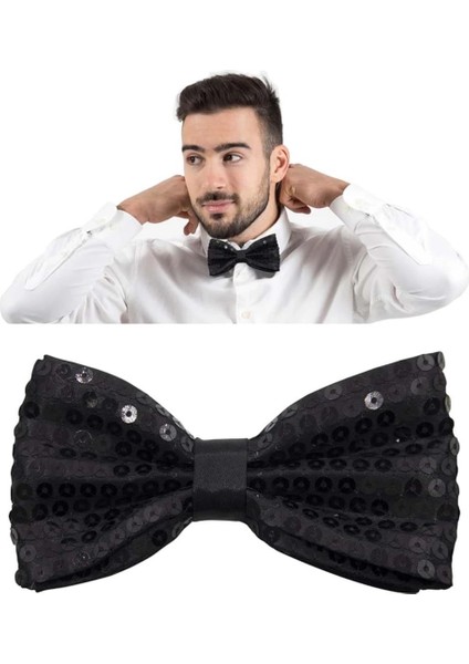 Bfs Gece Işıltısı Siyah Payetli Pullu Papyon 7x2 cm