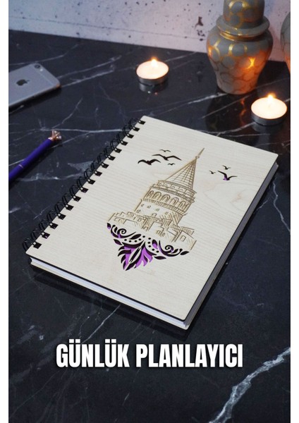 Galata Kulesi Tasarım Ahşap Kapak Günlük Planlayıcı - Tarihsiz Ajanda - A5 Süresiz Planlayıcı Defter
