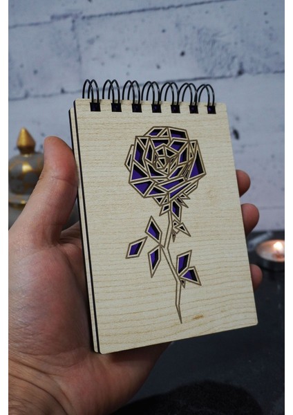 Gül Temalı Ahşap Kapaklı Not Defteri - Mini Defter - Cep Defteri - Benim Listem