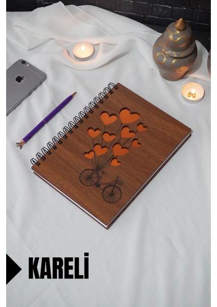 Bisiklet Balon Temalı Ahşap Kapaklı Defter - Kareli Defter - Ajanda - Okul Defteri (A5 - 120 Sayfa)