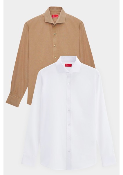 Ds Damat Slim Fit Kahverengi/beyaz Italyan Yaka Kolay Ütülenebilir 2'li Gömlek 2HF02ORTBN86