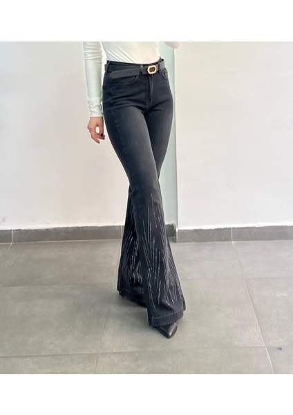 Birru Butik Kadın Yüksek Bel Taşlı Ispanyol Paça Full Likra Kot Pantolon fırsatları