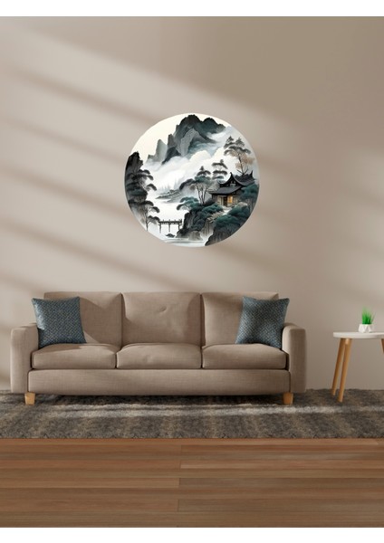 , Haki Yeşil ve Beyaz Tonlarda, Japon Evi, Dağ ve Bulutlar Temalı , Cam, Duvar Sticker, 50X50CM