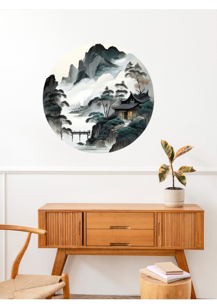 , Haki Yeşil ve Beyaz Tonlarda, Japon Evi, Dağ ve Bulutlar Temalı , Cam, Duvar Sticker, 50X50CM fiyatları