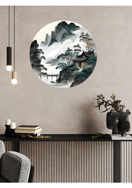 , Haki Yeşil ve Beyaz Tonlarda, Japon Evi, Dağ ve Bulutlar Temalı , Cam, Duvar Sticker, 50X50CM modelleri