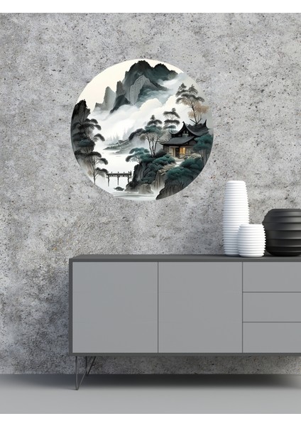 , Haki Yeşil ve Beyaz Tonlarda, Japon Evi, Dağ ve Bulutlar Temalı , Cam, Duvar Sticker, 50X50CM fırsatları