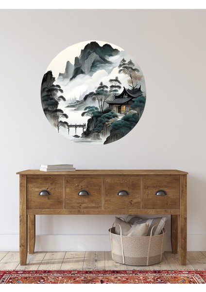 , Haki Yeşil ve Beyaz Tonlarda, Japon Evi, Dağ ve Bulutlar Temalı , Cam, Duvar Sticker, 50X50CM indirimleri