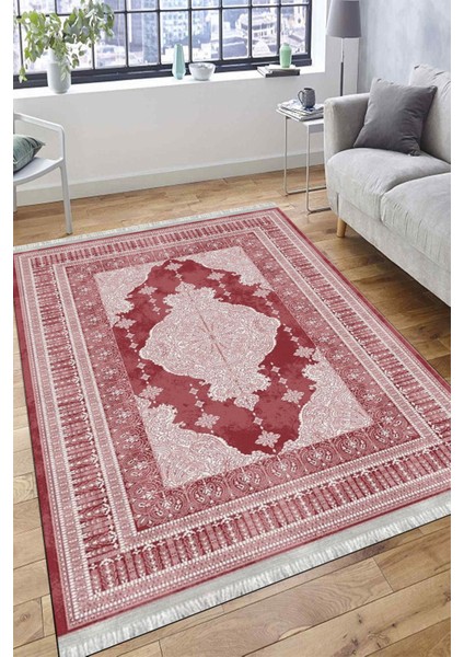 Kırmızı Kaymaz Tabanlı Halı Makinede Yıkanabilir Kilim Dot Tabanlı Salon Halısı 3001B