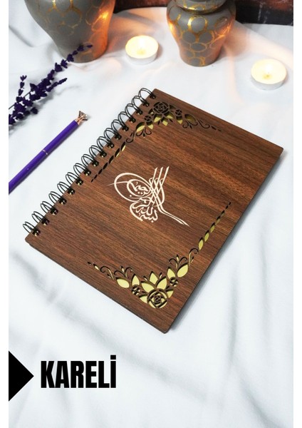 Osmanlı Tuğrası Ahşap Kapaklı Spiralli Defter - Kareli Defter - 60 Yaprak (120 Sayfa) - A5 15X21 cm