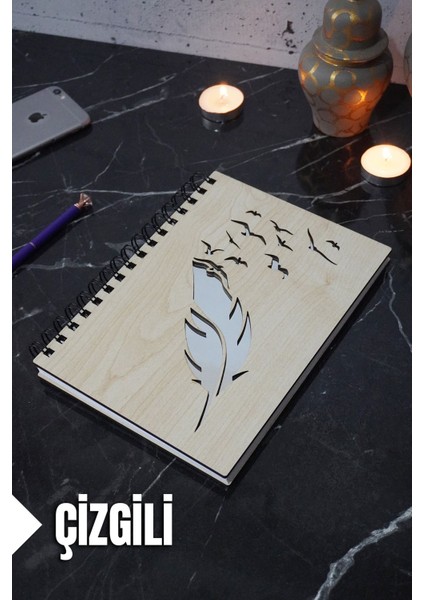 Kuş Tüy Temalı Ahşap Kapaklı Defter - Çizgili Defter - Ajanda - Okul Defteri (A5 - 120 Sayfa)