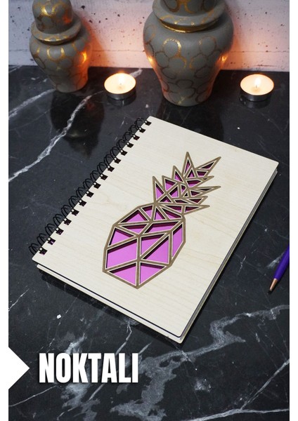 Ananas Temalı Ahşap Kapaklı Defter - Noktalı Defter - Ajanda - Okul Defteri (A5 - 120 Sayfa)