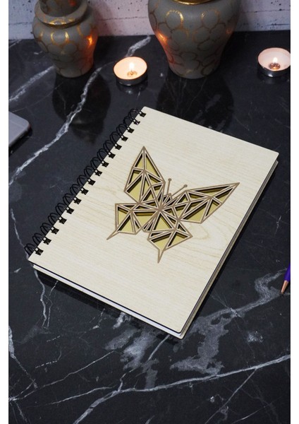 Kelebek Figürlü Ahşap Kapaklı Defter - Çizgisiz Defter - Günlük - Ajanda- A5 Anı Defteri