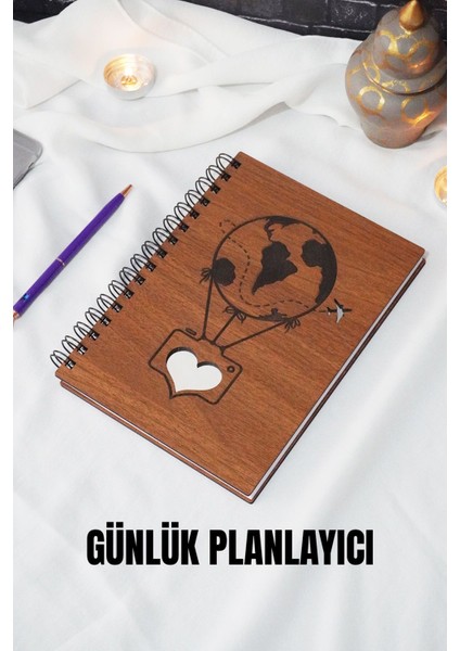 Balon Tasarım Ahşap Kapak Günlük Plan Defteri - Süresiz Ajanda - Tarihsiz Planlama Defteri - A5