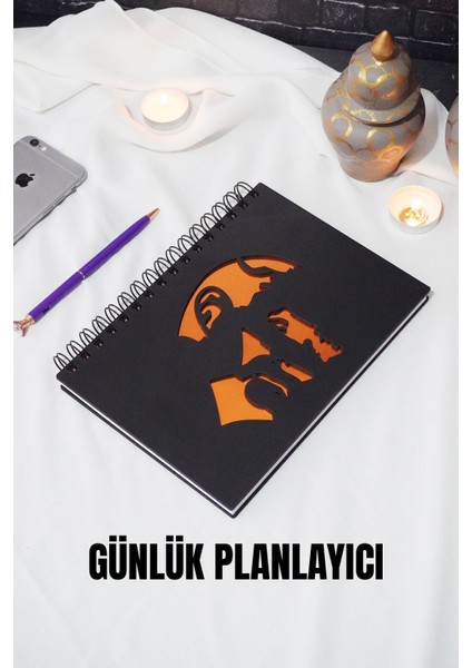 Mustafa Kemal Atatürk Siyah Ahşap Kapak Günlük Planlayıcı - Tarihsiz Planlama Defteri - A5