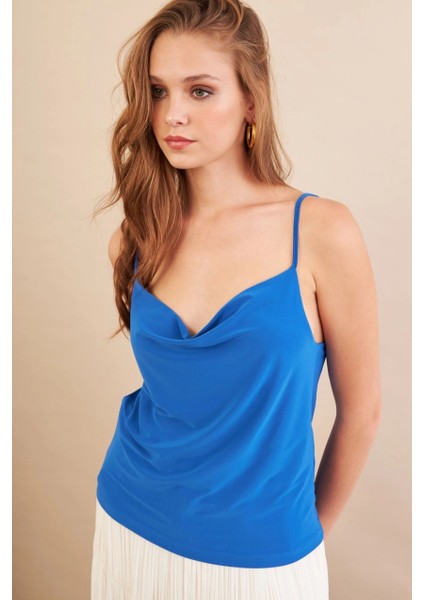 Kadın Saks Degaje Yaka Bluz LPP1286-90