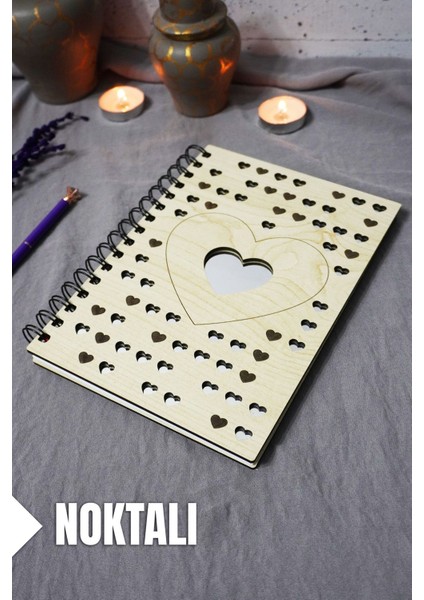 Kalp Desenli Ahşap Kapaklı Defter - Noktalı Defter - Ajanda - Okul Defteri (A5 - 120 Sayfa)
