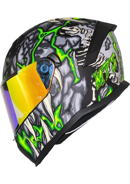 M-910 Skull Mat Siyah-Yeşil-Beyaz Güneş Vizörlü Kask (Gold Camlı)