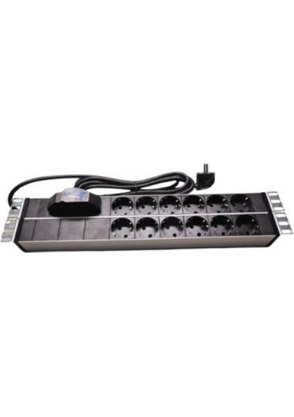 19" 2u Pdu: 12 x Schuko Tip Soketli, 16A Sigortalı, 1,5m 3x1.5mm2 Cee 7/7 Tip Fişli Kablolu