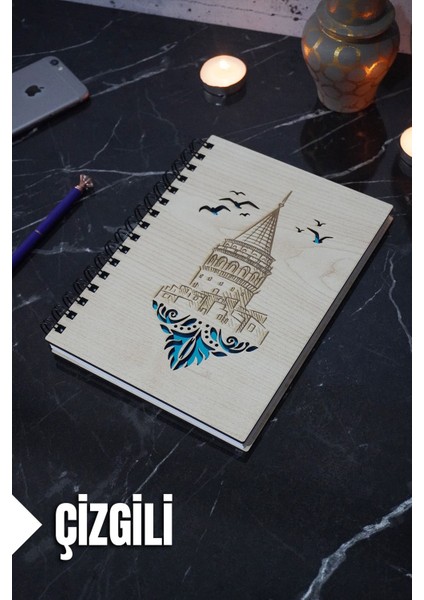 Galata Kulesi Temalı Ahşap Kapaklı Defter - Çizgili Defter - Ajanda - Okul Defteri (A5 - 120 Sayfa)