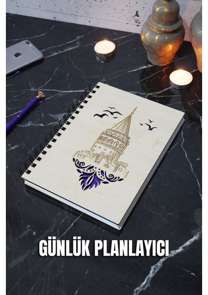 Galata Kulesi Tasarım Ahşap Kapak Günlük Planlayıcı - Tarihsiz Ajanda - A5 Süresiz Planlayıcı Defter