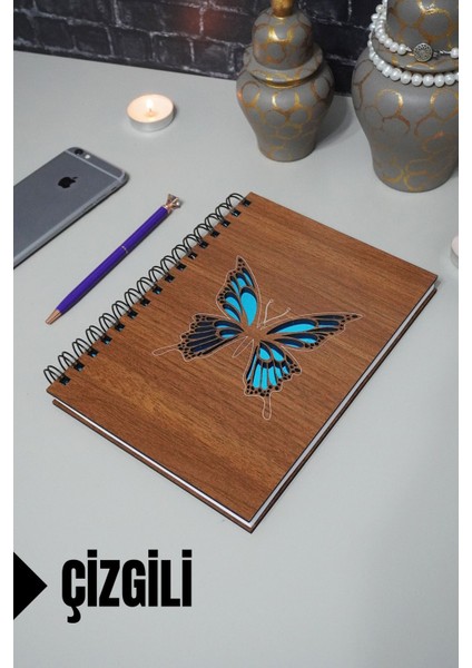 Kelebek Temalı Ahşap Kapaklı Defter - Çizgili Defter - Ajanda - Okul Defteri (A5 - 120 Sayfa)