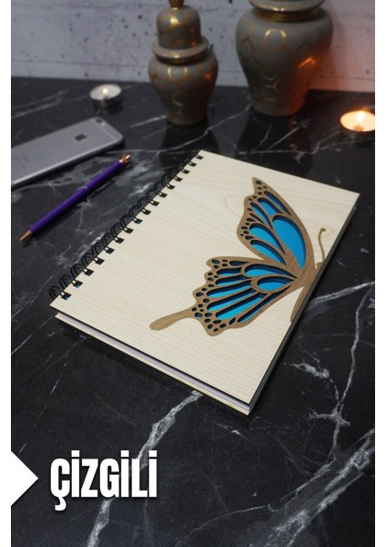 Kelebek Temalı Ahşap Kapaklı Defter - Çizgili Defter - Ajanda - Okul Defteri (A5 - 120 Sayfa)
