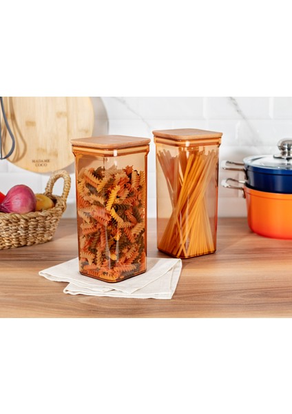 Kaviera 1500ML Ahşap Kapaklı Saklama Kabı 2'li