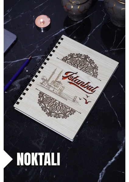 Istanbul Temalı Ahşap Kapaklı Defter - Noktalı Defter - Ajanda - Okul Defteri (A5 - 120 Sayfa)