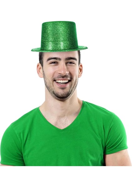 Bfs Yeşil Renk Parıltılı Simli Fötr Silindir Parti Şapkası