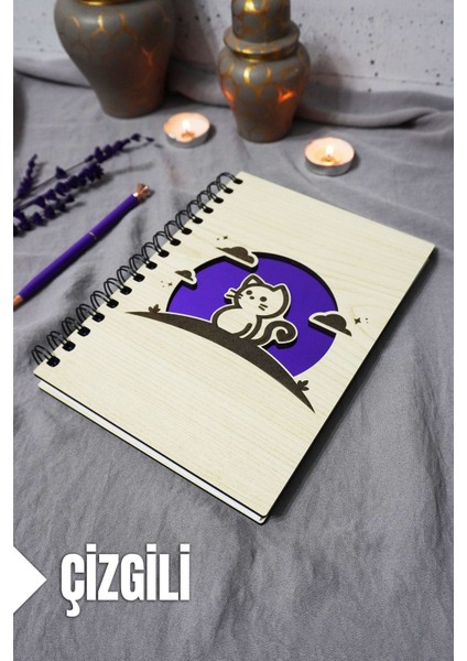 Kedi Desenli Ahşap Kapaklı Defter - Çizgili Defter - Ajanda - Okul Defteri (A5 - 120 Sayfa)