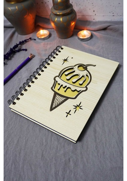 Dondurma Desenli Ahşap Kapaklı Defter - Çizgisiz Defter - Günlük - Ajanda-Hediyelik-A5 Anı Defteri