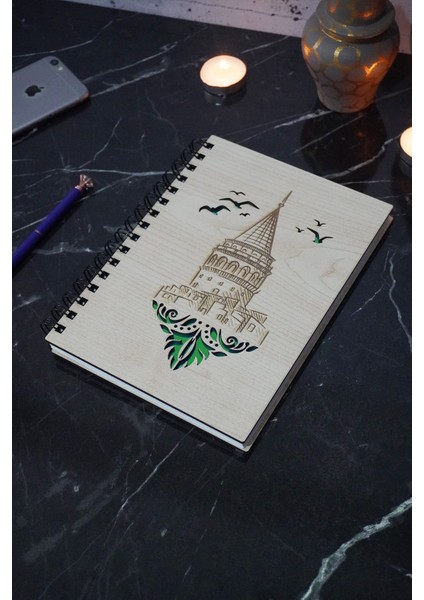 Galata Kulesi Konsept Ahşap Defter - Ajanda - Günlük - Çizgisiz Defter-A5 Notebook-Hatıra Defteri